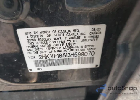 2003 Honda Pilot Ex-L из США, поврежденный, VIN 2HKYF18513H599070